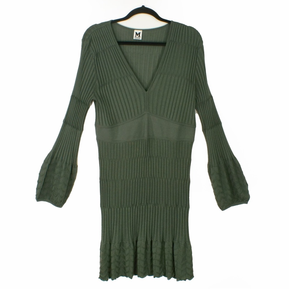Missoni Green Patterned Knit Long Sleeve V-Neck Wool Dress